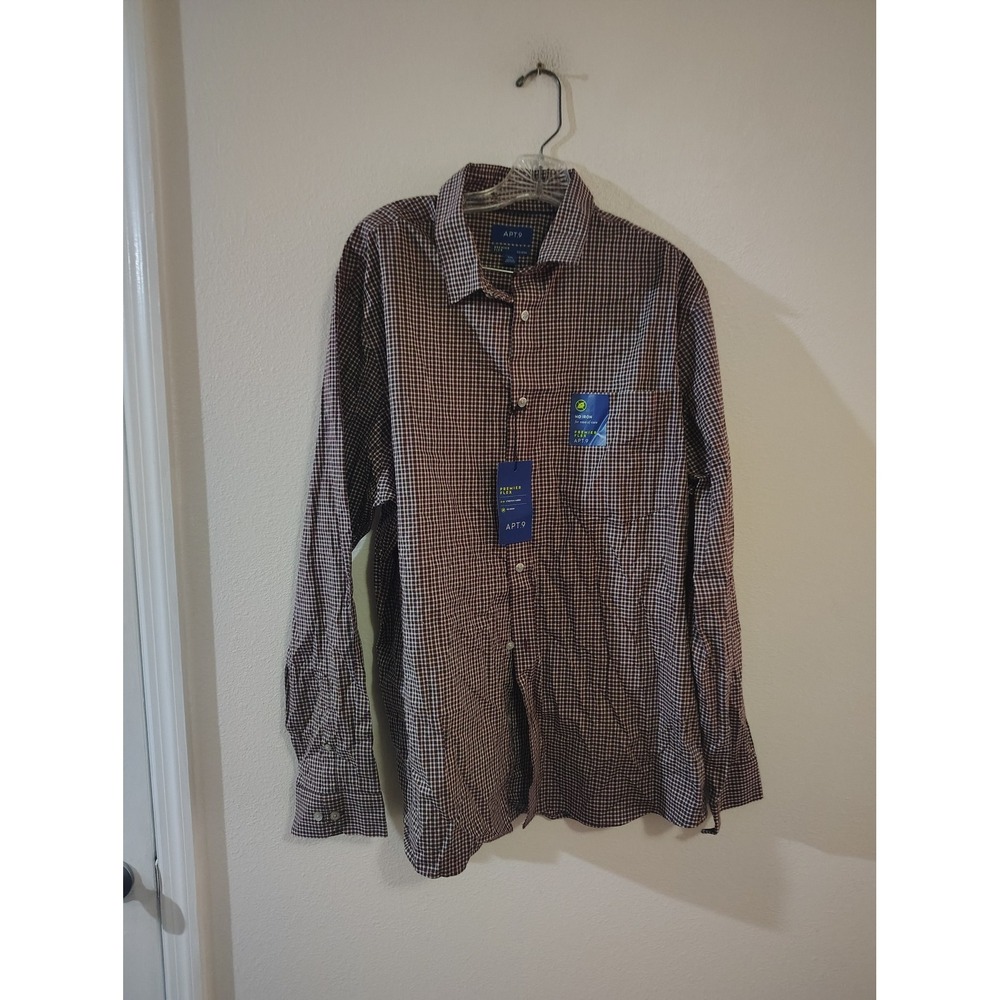 Apt 9 Premier Flex Mens XXL Slim Fit No Iron Burgundy Gingham Button Down Shirt